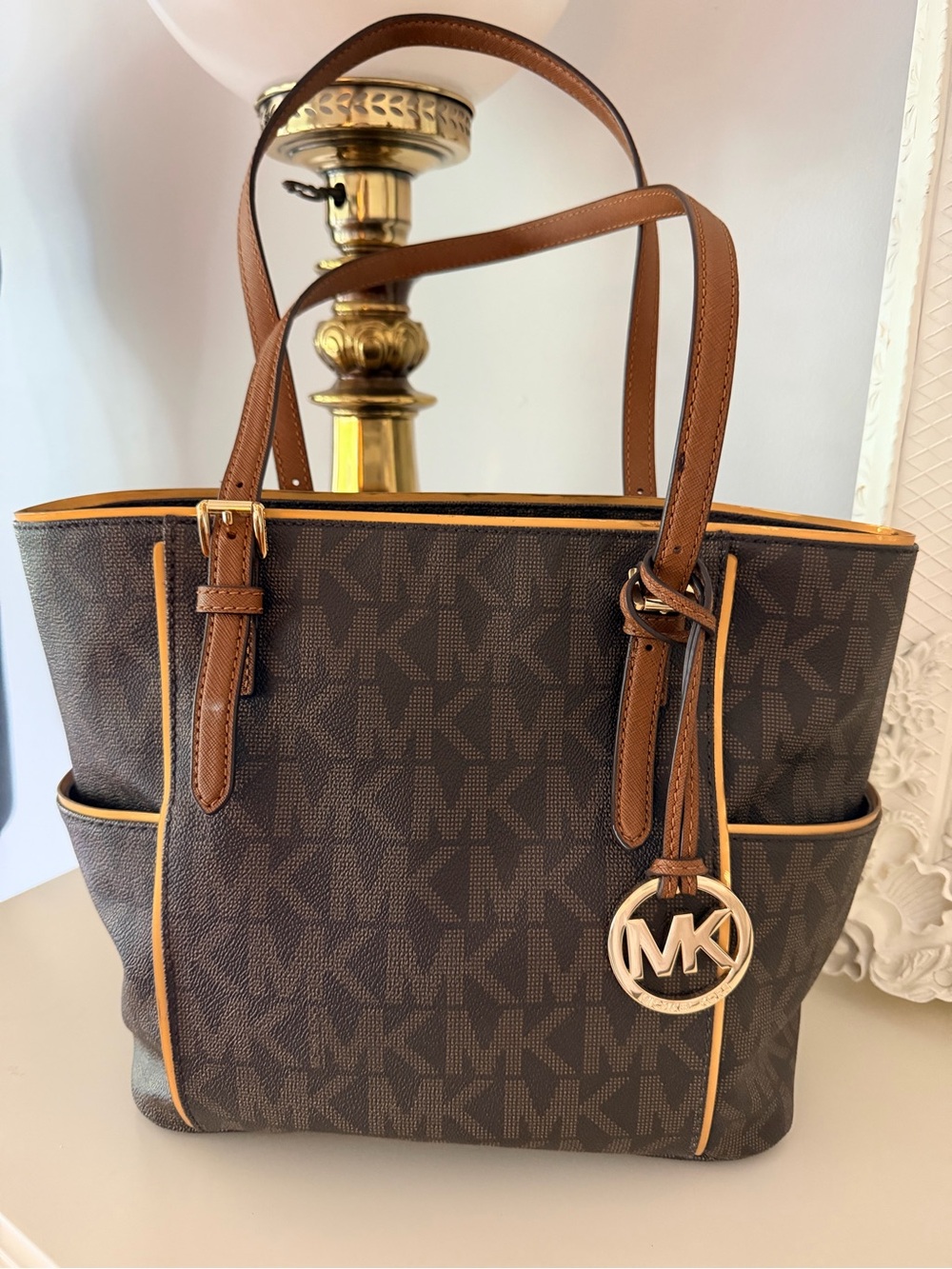 Michael Kors Brown and Tan MK Logo Tote with Gold Charm